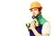 Construction worker holds yellow drilling tool near chin