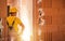 Construction Worker Inside Newly Built Concrete Blocks Building