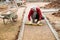 Construction worker installing and laying pavement stones on terrace, road or sidewalk. Worker using pavement slabs and level to b