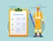 Construction worker man with giant pencil near marked checklist on clipboard Successful completion of tasks Flat vector