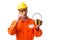 The construction worker with noise cancelling earphones