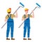 Construction worker painter with rollerbrush in workwear. Back and front view craftsman character vector isolated