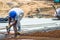 Construction worker performs the construction of the factory shed