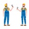 Construction worker with plastering trowel tool in workwear. Back and front view craftsman character vector isolated