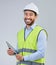 Construction worker, portrait and happy man in studio with tablet and helmet safety on white background. Smile, internet