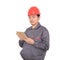 Construction worker with red hard hat holding ipad in hand standing in front of white background