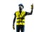 Construction worker signaling looking up hoist silhouette