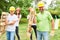 Construction worker team carries transport pallets