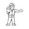 Construction Worker Wearing Face Mask Showing Stop Hand Signal Pointing Black and White Cartoon