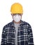 Construction Worker wearing a hard hat, goggles, and dust mask, isolated over white