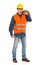 Construction worker wearing reflective clothing and holding bundle rope.