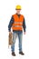 Construction worker wearing reflective clothing and holding bundle rope.