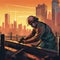 Construction worker welding steel beams with city skyline