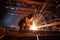 Construction worker welding steel beams together. Generative AI