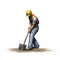 Construction worker works with shovel on white background