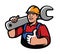 Construction worker with wrench. Repairs, industry vector illustration