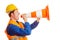 Construction worker yelling with a traffic cone