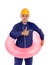 Construction worker with yellow helmet and a pink float