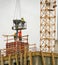 Construction workers casting concrete lowered from a crane