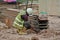 Construction workers inspecting the sheet pile