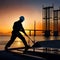 Construction workers and projects with silhouettes and dark objects at work