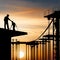 Construction workers and projects with silhouettes and dark objects at work