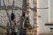 Construction workers with very poor security working on a building in Mumbai, India