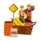 Construction workers wooden barrel sack concrete mixer sing road