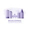 Construction working industry concept. Building construction logo in violet. High-rise buildings, bridge, construction cranes on