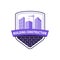 Construction working industry concept. Building construction logo in violet. High-rise buildings, construction crane on brick ba