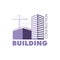 Construction working industry concept. Building construction logo in violet. Silhouette of buildings and building cranes