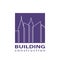 Construction working industry concept. Skyscraper silhouettes. Building construction logo in violet