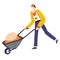 Construction works or building, man pushing wheelbarrow, isolated male character