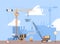 Constructions crane. Builders making big house engineering build cranes workers loader machines garish vector cartoon