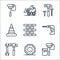 constructions line icons. linear set. quality vector line set such as paint roller, wheels, wrench, drill, wall, cone, hammer,