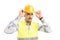 Constructor or builder fixing his protection yellow hard hat