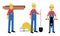 Constructor or Builder in Yellow Hard Hat Holding Shovel and Carrying Construction Material Vector Illustration Set