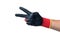 Constructor hand in red rubber gloves showing