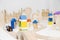 Constructor, wooden city. Children game on the table