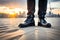 A Constuction Worker Is Wearing Leather Safety Shoe, Standing On The Sand Ground At Construction Working Site. Im. Generative AI