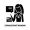 consultant woman icon, black vector sign with editable strokes, concept illustration