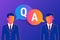 Consulting business advise. Businessman and consultant with speech bubbles and letters q and a on violet gradient