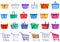 Consumer cart grocery icons set cartoon vector. Shopping plastic product