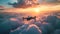 A consumer drone soared high above the clouds in the evening sky, capturing mesmerizing sunset views. This flight became