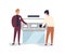 Consumer at electronics store flat vector illustration. Sales manager advertising products at promotional stall. Client