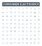Consumer electronics vector line icons set. Electronics, Consumer, TVs, Radios, Stereos, Cameras, Computers illustration