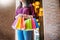 Consumerism woman holding many shopping bags in fashion boutique