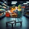 Consumers delight Shopping cart filled with essentials in a supermarket