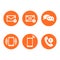Contact buttons set icons. Email, envelope, phone, mobile. Vector illustration in flat style on round orange background.