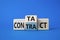 Contact and Contract symbol. Wooden cubes with words Contract and Contact. Beautiful blue background. Contact and Contract and